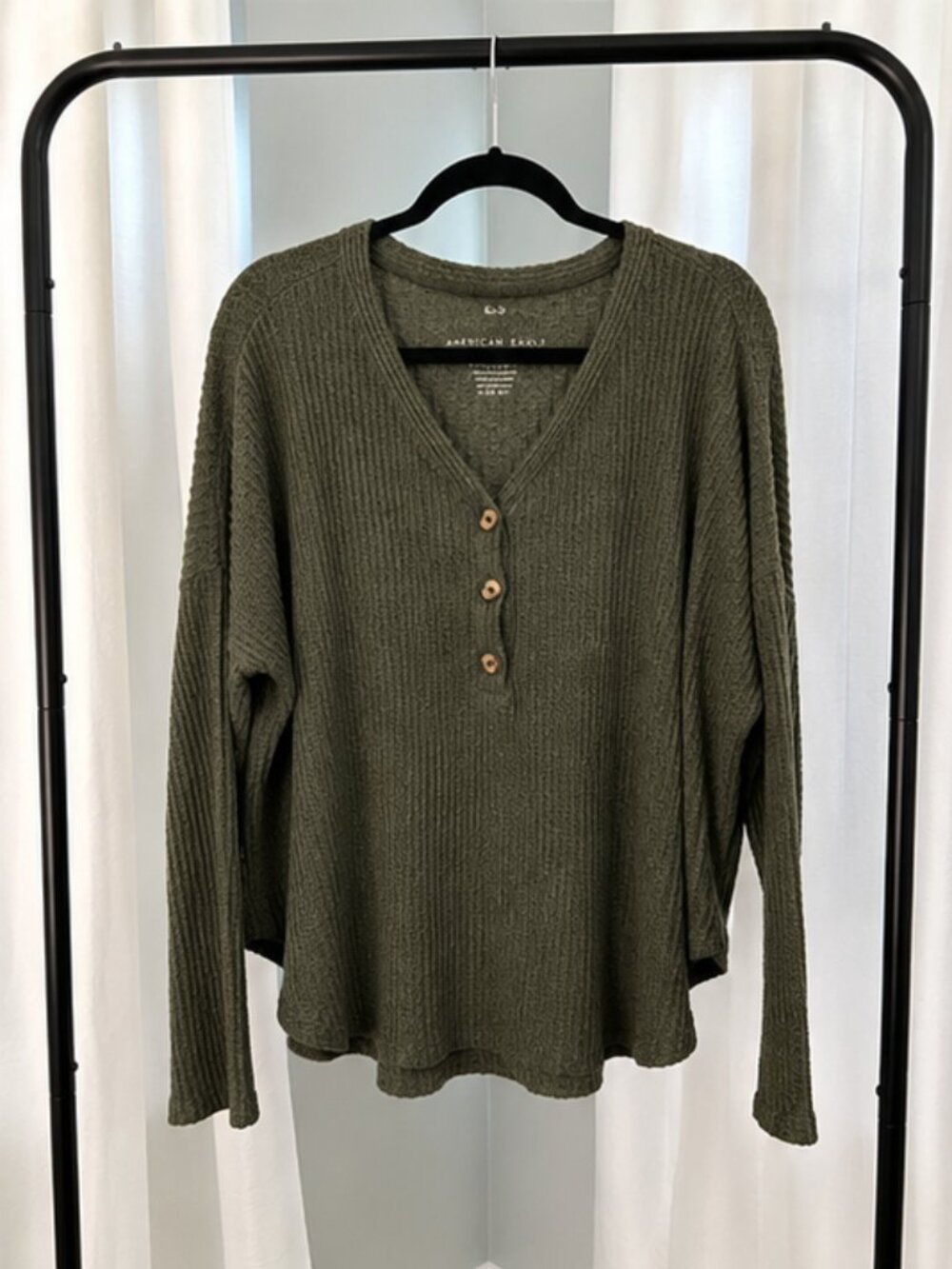 American Eagle Soft & Sexy Plush Waffle Knit Henley Top Army Green Size Large